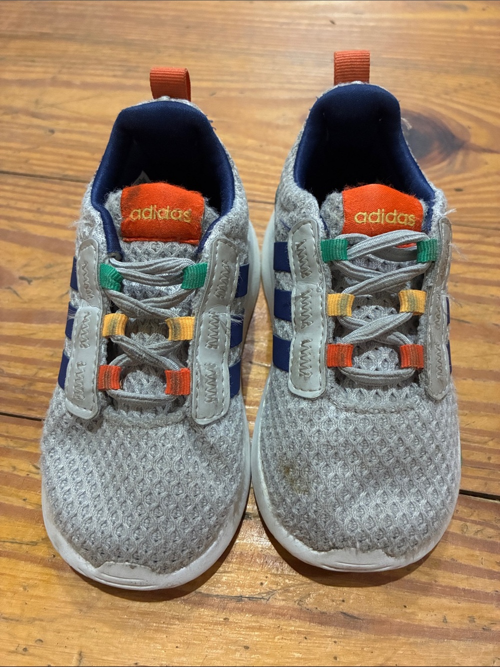 adidas Kids Gray Mesh Sneakers with Orange and Navy Accents